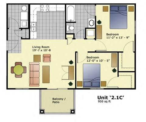 Floor plan for 2 beds, 1 bath, 950 sqft
